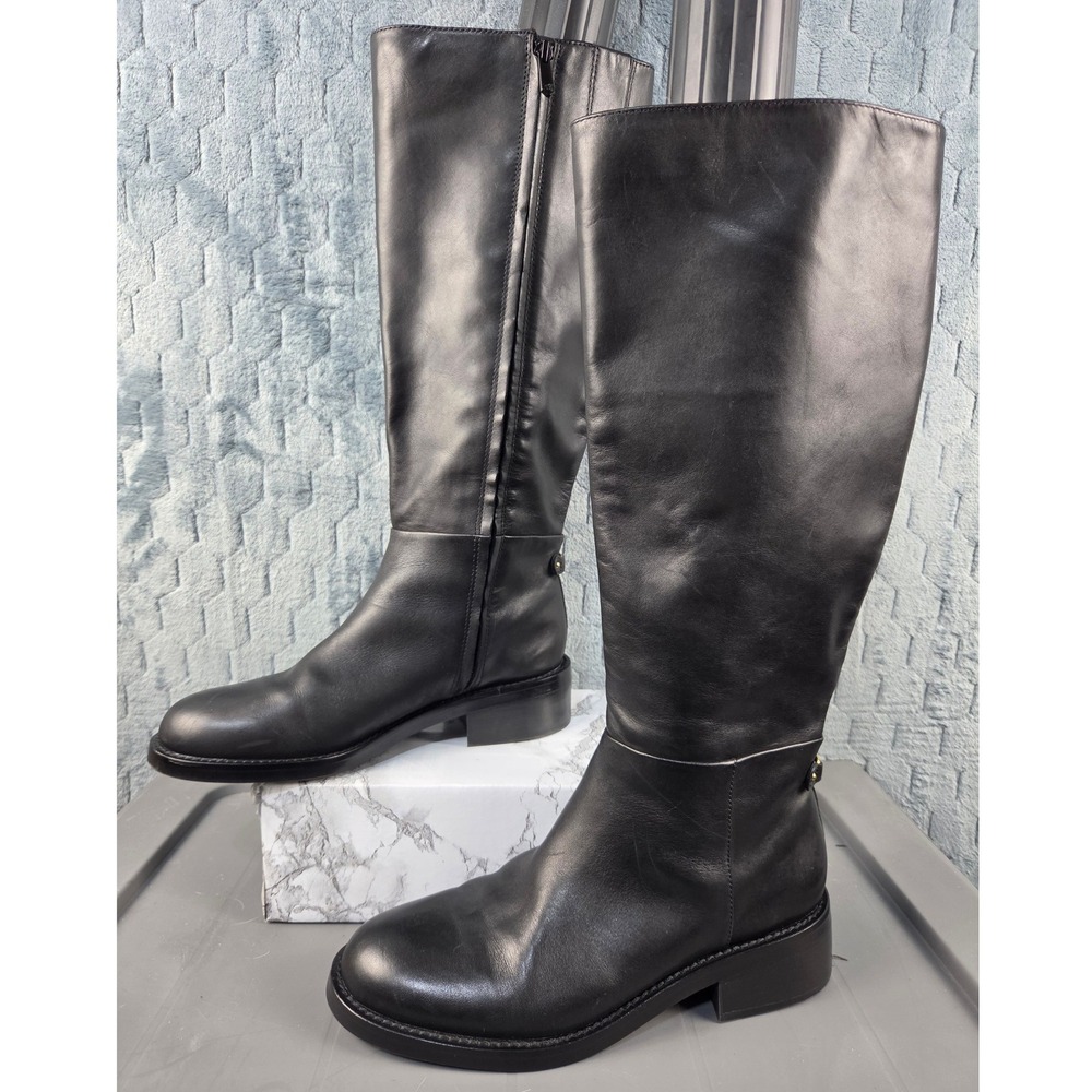 Sam Edelman Penny Black Leather Riding Boots Gold Logo Detail Size 9.5